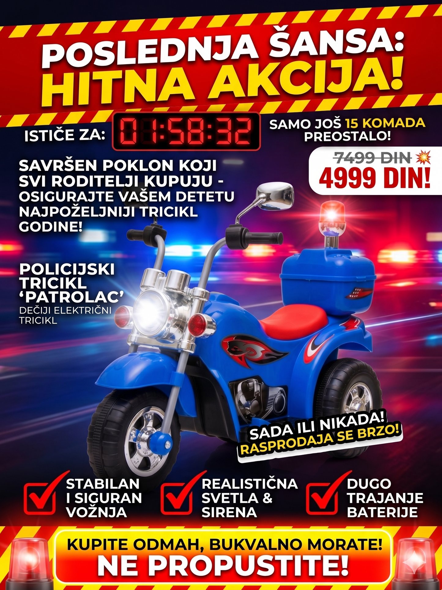 🚓 Policijski Motor "Patrolac" na Akumulator – Postani Mali Čuvar Reda!